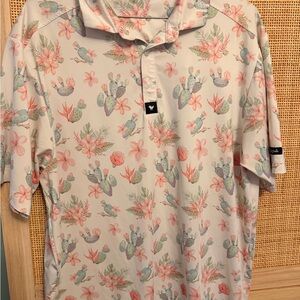 Bad Birdie Men's Light Gray Polo with Pink Floral & Green Cactus Print excellent